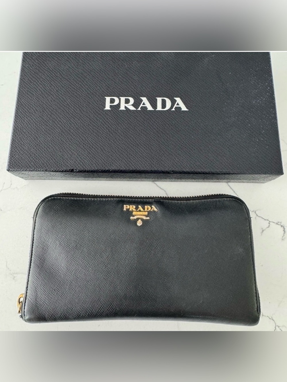 Prada Large Black Saffiano Zipper Wallet with Gold Accents